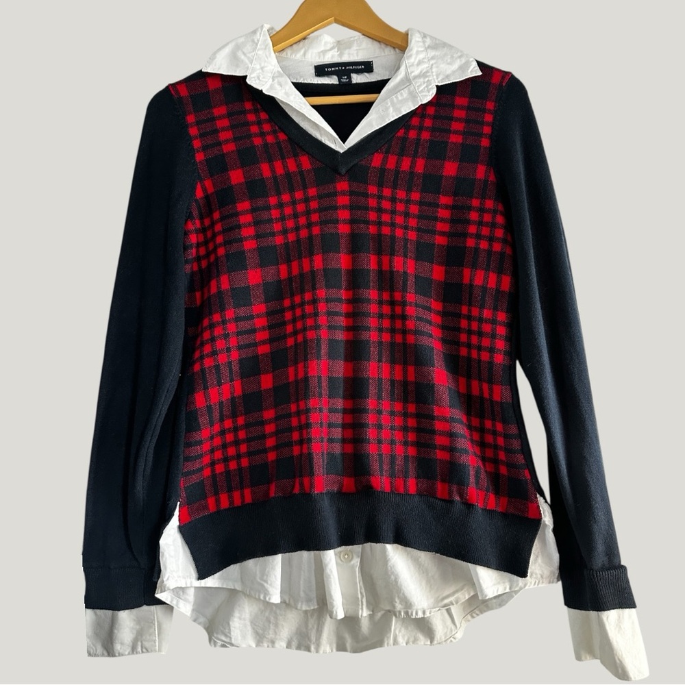 Tommy Hilfiger Red and Black V-Neck Sweater